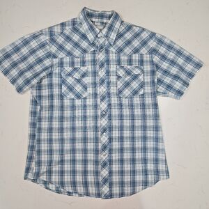 VTG Wrangler Pearl Snap Blue Short Sleeve Size Large